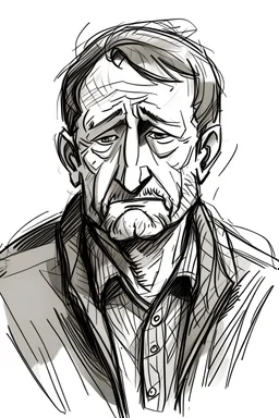 Middle-aged man drawn + sad
