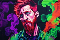 anatomically perfect a multi-colored neon graffiti mural of a hardcore tough street urban redhead male actor Courtney Gains in the combined styles of Munk One and Alex Pardee, black background; urban, gritty, magic, purple green smoke, neon spray paint, acrylic paint, graffiti, eldritch, glitter, luminous color sparkles, dayglo orange, neon grape purple, chartreuse green, urban hardcore, downtown, gritty, decay, in the combined styles of Munk One and Alex Pardee, black background; urban, gritty