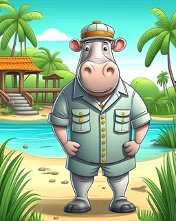 hippo as tourist guide wearing tourist guide uniform, safari landscapebackground, colorful, high quality, high details, realistic