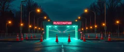 a realistic holographic Russian military checkpoint projected by the cones of street lights in front of utopia green world