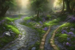  winding stone path lit river