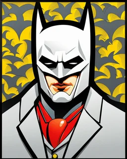 Portriat of the Batman, Fernando Botero style, lineal art, red, black and yellow colors