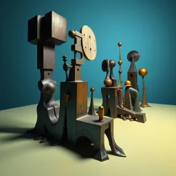 Fotografia di una superficie piatta di colore azzurro chiaro e giallo pastello, su cui si ergono enormi surreali strutture di forma astratta e surreale, di metallo, di colori vari, forti contrasti. Buio. Joan Miró odd style. Strong 3d deep field. Oscurità, paranoic, obsessive, homologic, phobic, nightmare, notte, glossy, hasselblad h6d400c --ar 85:128 --v 6.