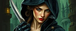 pen outline and realistic airbrush, upper body portrait of clever crow vintage cloaked assassin thief quickling juggler weird pretty woman with Damascus steel sacrificial dagger in then elven magical green city of Forgotten Realms, myth drannor