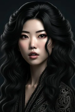 portrait of a fantasy asian goth woman with wavy black hair, fantasy style, realistic style, highly intrictae details, high quality, 8k