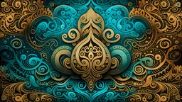 Generate a surreal wallpaper with an intricate design centered around the Om symbol from Hinduism, depicting a serene and captivating journey through a mythical landscape