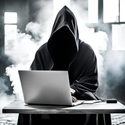 an anonymous writer clad in hooded garb, sitting at laptop with their back to camera, typing, hidden in gloom and dark and smoke, clandestine vibe, award-winning photo