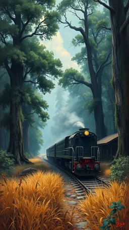 Bosch painting style nightmare,an midren train in the jungle surrounded with giant trees and dry grass near train station