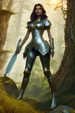 milf, brunette hair, leather armor, stand on a rock, forest, 8k resolution, high-quality, fine-detail, intricate, fantasy art, detailed matte, volumetric lighting, illustration, 3D