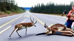 upset lady points handgun at deer carcass on the highway