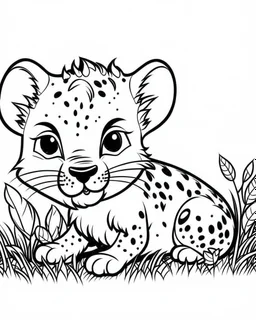 create a 2d black outline, "safari smiling cartoon baby gepard coloring book for toddlers", coloring page, low details design, black contour, coloring page design, simple background, colorful , card style, coloring page for kids, white background, sketch style, safari landscape, cartoon style