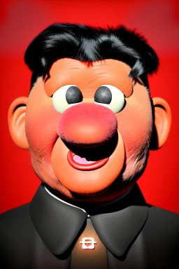 Waist up muppet Portrait, Kim Jong-un as muppet doll, black suit, photo studio, red background, unreal engine 5, concept art, art station, god lights, ray tracing, RTX, lumen lighting, ultra detail, volumetric lighting, 3d.
