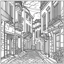 outline art for Old italy street for adults with Old italy street , white background, Sketch styl, only use outline. clean line art, no shadows and clear and well outlined, Intricate Patterns and Details