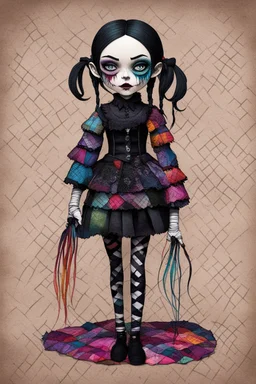 full color, full body illustration of a dark menacing Victorian goth vampire girl, ala Wednesday Addams, as a crude homemade patchwork cloth doll toy, with contrast stitching across her patchwork face, hair made from ragged strips of multicolored cloth, art in the style of Alex Pardee