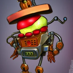 Fruit bot steam punk cartoon character very detailed and funny,8k,HD, cinematic