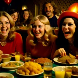 Comedy movie shot, happy, hot, ultra realistic, dine, horns, ultra realistic hot blonde women, party, pieces of meat, organs, ail, dynamic, very excited people, hypermaximalist figures, light, 1970's Italian comedy movie, lively, ornate, 4k, photorealism