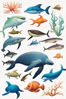 different variations of marine animals montage science book style