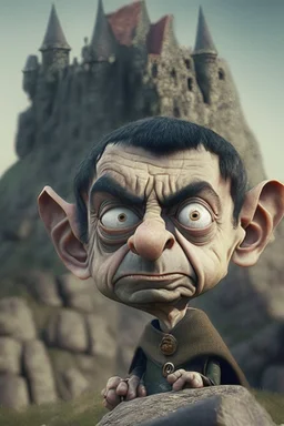 mr bean as goblin kid is stone castle, 4 k, trending art, depth of field