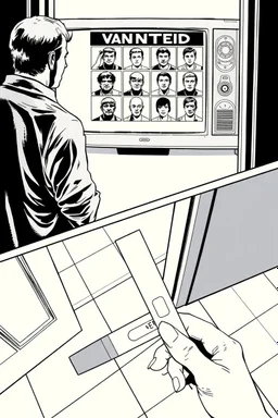 uncolored comic book page: top panel(higher over the shoulder camera perspective of a man on his way out the door sees a television on which a bulletin of wanted criminals mugshots appears), bottom panel(pov a woman's hand with acrylic nails holding a pregnancy test that shows a positive result, tile floor below), panels divided at a 30 degree angle