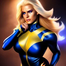 Ultra detailed fullbody Portrait in oil on canvas of X-men -beautiful busty blonde miss Marvel on fire,extremely detailed digital painting,ultrarealistic skin,intense stare, extremely detailed face, crystal clear eyes, mystical colors ,perfectly centered image, perfect composition, rim light, beautiful lighting,masterpiece ,8k, stunning scene, raytracing, anatomically correct, in the style of uncannyknack and Ohrai Noriyoshi and robert e howard and Steve Jung and Wizyakuza.