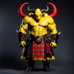 a Monster. who is big and has patch work scaling for skin. and horns. he is also wearing a Scottish clan kilt that's yellow black and red.