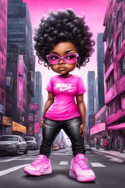 create an airbrush illustration of a chibi cartoon voluptuous black female. Wearing a hot pink t-shirt and tight black jeans with hot pink Nike sneakers. Prominent make up with hazel eyes and she is wearing pink glasses. Extremely Highly detail of a very low platinum shiny black pixie haircut. Background of a busy city street.