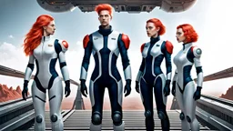Photorealistic picture of a young man in a flight suit with two tall, slender female androids in biosuits, one with red hair and one with white hair, standing on the bridge of a spaceship.
