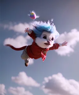 Ultra realistic speed clouds sky scene, wide angle view, sweet men falling down, many Childs, feather color clothing, free jumping flying, many trinkets, hair monster, many jelly beans, balls, color smoke, smile, happy, circus style, extreme, wind, clouds sea, 20,000 feet altitude, stratosphere, soft color, highly detailed, unreal engine 5, ray tracing, RTX, lumen lighting, ultra detail, volumetric lighting, 3d, finely drawn, high definition, high resolution.