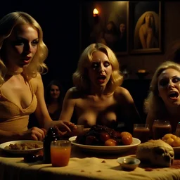 Horror movie shot, spooky, ultra realistic, dine, horns, ultra realistic hot blonde women, party, pieces of meat, organs, ail dynamic, anguish, very excited people, hypermaximalist, 1970's Italian horror movie, sinister, John Carpenter, Dario Argento, Stanley Kubrik, ornate, 4k, photorealism