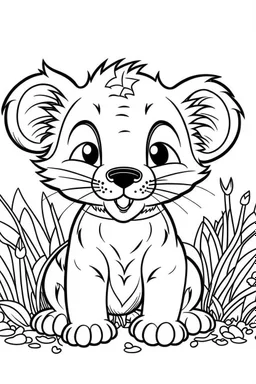 cute coloring page, sketch style, cute baby Lion in the jungle, cute cartoon, white and black, withe background, no shadows, outline.