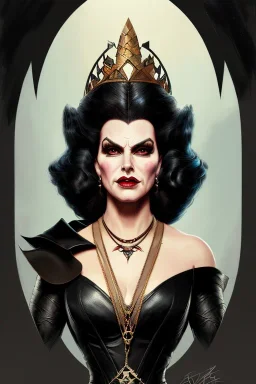 painting of EZADA SINN as evil queen in black leather gown, feminie, angry, stern look on her face, emperious, highly detailed, digital painting, artstation, concept art, smooth, sharp focus, illustration, art by gaston bussiere and alphonse mucha