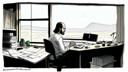 الصورة تعرض ستيف جوبز وهو جالس في مكتبه الخاص، وراءه نافذة تطل على مناظر طبيعية هادئة. يظهر جوبز وهو يرتدي ثوبًا بسيطًا ويتلقى مكالمة هاتفية بينما يعمل على جهاز كمبيوتر محمول. يتسم وجهه بتعابير التفكير العميق والابتسامة الخفيفة، مما يشير إلى تركيزه الشديد وتفكيره الابتكاري. على مكتبه، يمكن رؤية مجموعة من المخططات والنماذج المصغرة لأجهزة تكنولوجية، مما يظهر اهتمامه بالتفاصيل والتصميم المميز. كما يمكن أن نلاحظ تواجد كتب وأدوات كتابة، مما يشير إلى تطلعه المستمر للمعرفة والابتكار. الإضاءة في الصور