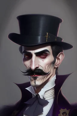 Strahd von Zarovich with a handlebar mustache wearing a top hat blushing