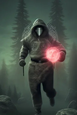running berserker portrait , no face, black jogging suite , in the night Alps , holding coins , angels background, volumetric light, high detail, dark leaf tree, dark mountains in background, perfect, HR Giger style