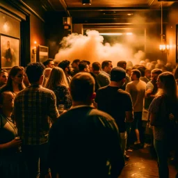 a crowded smokey bar, lots of people, focus on a lonely person against the wall