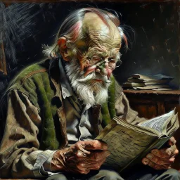 Old man reading, painting, portrait, highly detailed