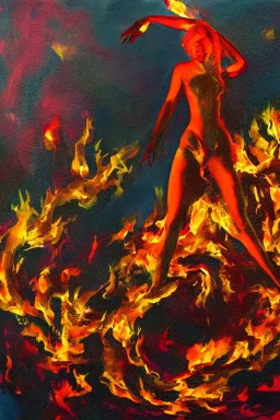 Full body portrait, painting, medium shot lady volumetric fire, volumetric ice