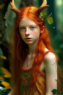 pretty girl, aged 13, ginger, conventionally attractive, realism, dreamy, tight top, bright clothes, full length, faun, satyr