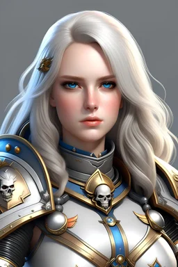 thick platinum blonde sister of battle from Warhammer 40k with blue eyes, long hair, very freckled face face, no blush. realistic looking. full body portrait