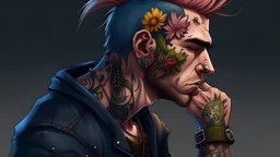 drawing, punk hooligan man, tattoo, single flower, high resolution, Artstation trends, fine details, 8K