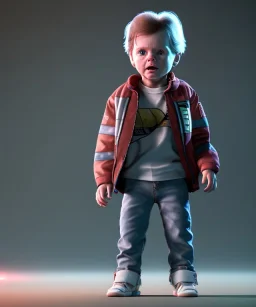 Marty mcfly toddler, full body, delorean, dramatic lighting, hyper realistic