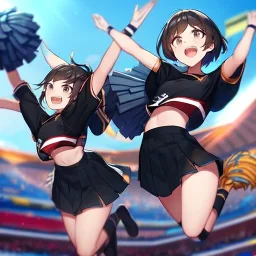 Clear focus,High resolution, Cheerleader, Jumping, black short skirt, black shirt