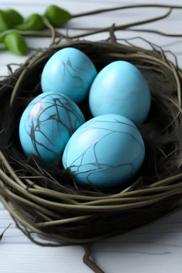 heart shaped blue eggs in a nest