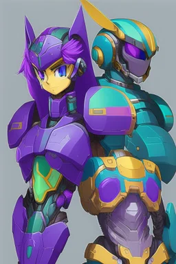 One Genderless Cyborg made of metal, has a human like face with a really long violet ponytail, the cybord is wearing armor similar to Omega from Megaman. The color palatte of the armour is deep purple and yellow. The Cyborg is not wearing a Helmet, and has Turquoise colured eyes.