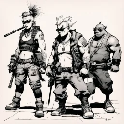 [traditional Chinese brush, expressive line, ink washes] Tank Girl with Bebop and Rocksteady: This body finds pleasure in his movement wish to walk with my head so high my shoulders back bum carefully encasing the head of my femur, wish my body to move like my trainer's.