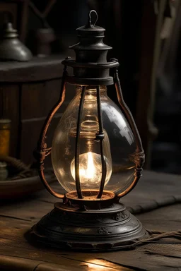 cinematic photo of a stunning OLD RUSTIC IRON KEROSENE OIL LAMP /LANTERN OLD GLASS GLOBE