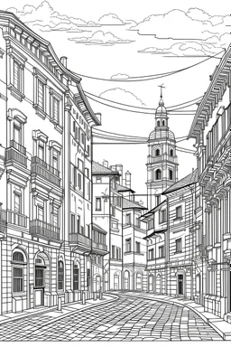 imagine prompt coloring page , iCreate an image showcasing the vibrant and colorful streets of Bologna. Include the unique architectural features and lively atmosphere of the city. Convey the joy and liveliness of wandering through the streets of this Italian city." a white background, 9:11