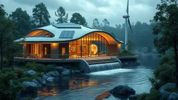 2031. Innovative environmentally-friendly home, solar panels, water wheel in river, alternative energy, wind turbine, scientific experiment, home of the future, amazing curved architecture, fantasy, robotic, magic, automated, spectacular, futuristic, practical, beautiful lighting, attractive composition, photorealistic, extremely detailed, chiaroscuro