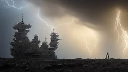 PEACE IN GAZA.Photo-realistic scene ,desolate, standing on a jagged cliff, overlooking turbulent, inky black ,A storm brews in the distance, with dark, ominous clouds gathering, powerful beam pierces the darkness, and within its light, ethereal shadows of shipwrecked souls can be seen, their translucent forms forever searching for a way home.