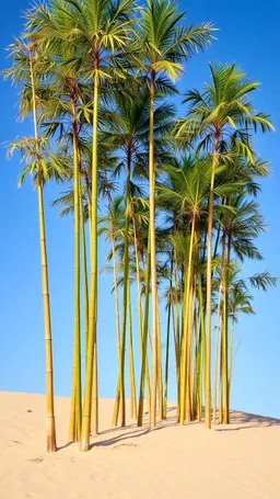 realistic photo of a tall bamboo trees in a landscape covered in sands
